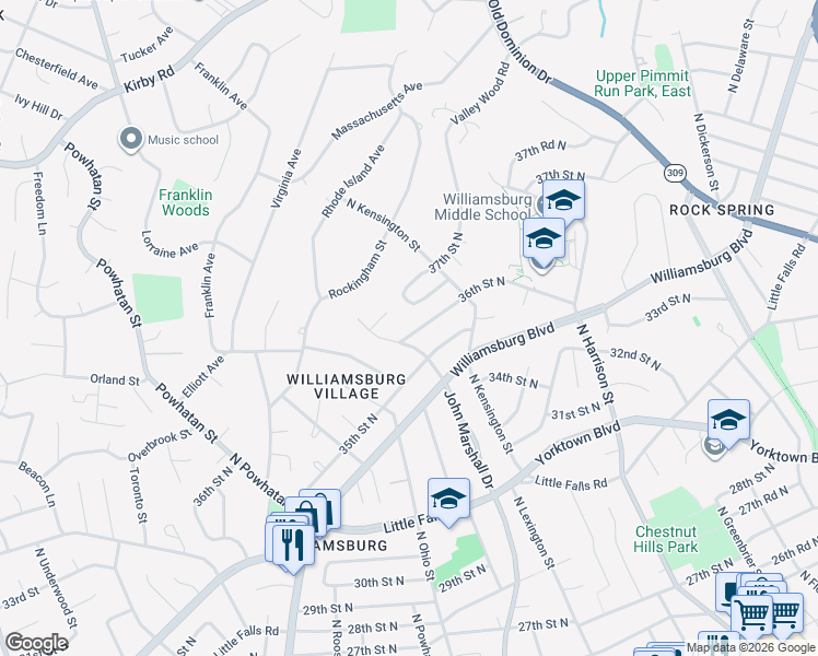 map of restaurants, bars, coffee shops, grocery stores, and more near 5801 36th Street North in Arlington