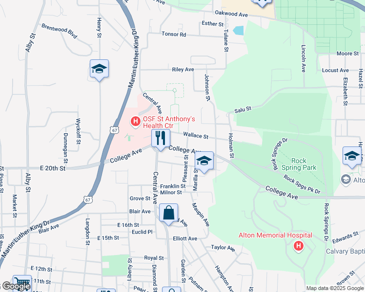 map of restaurants, bars, coffee shops, grocery stores, and more near 938 College Avenue in Alton
