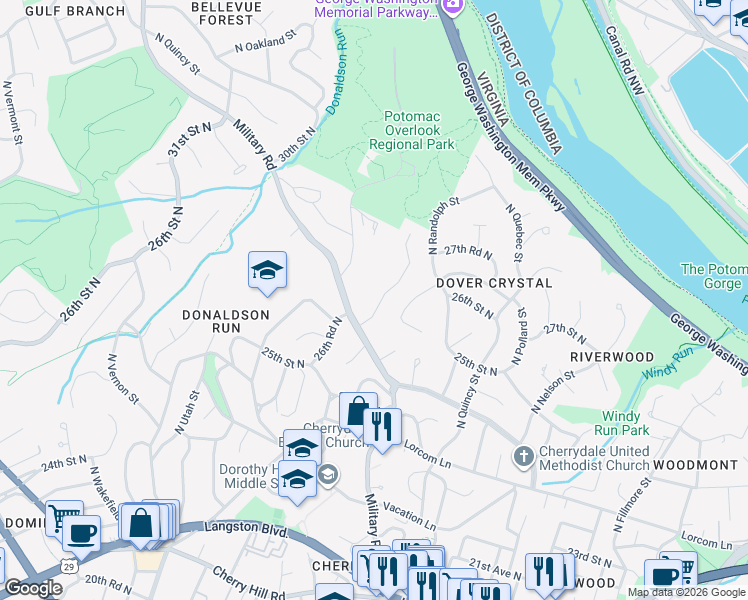 map of restaurants, bars, coffee shops, grocery stores, and more near 4011 26th Street North in Arlington