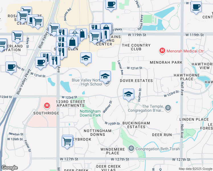 map of restaurants, bars, coffee shops, grocery stores, and more near 12200 Lamar Avenue in Leawood