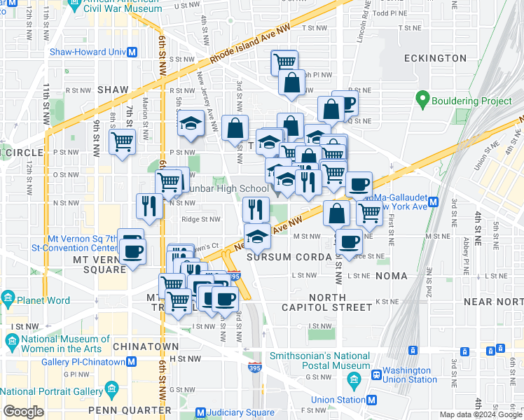 map of restaurants, bars, coffee shops, grocery stores, and more near 1224 Kirby Street Northwest in Washington