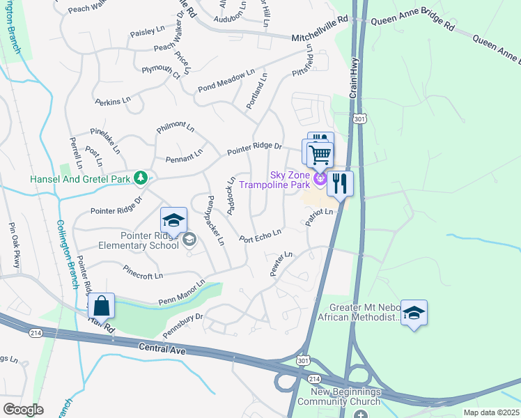 map of restaurants, bars, coffee shops, grocery stores, and more near 1206 Peachwood Lane in Bowie