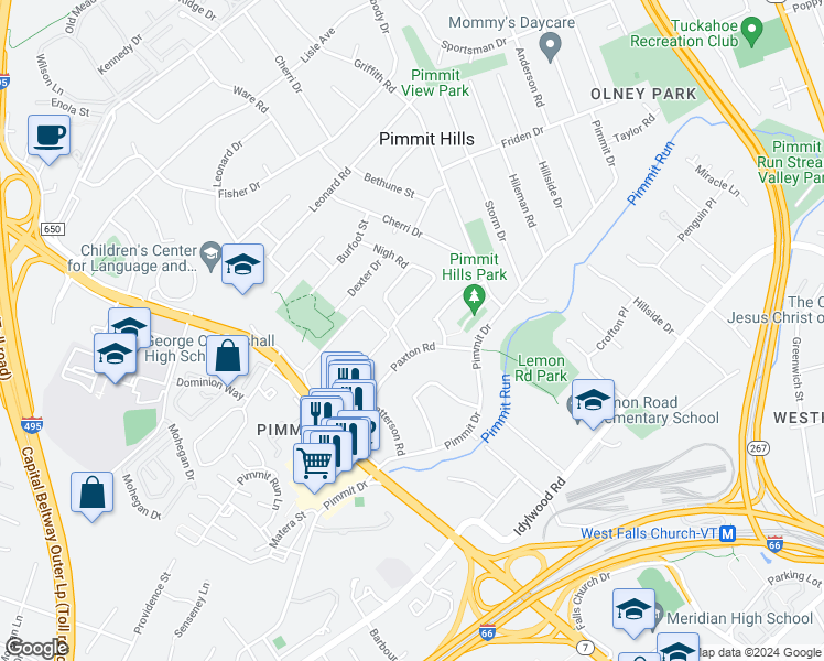 map of restaurants, bars, coffee shops, grocery stores, and more near 7402 Nigh Road in Falls Church