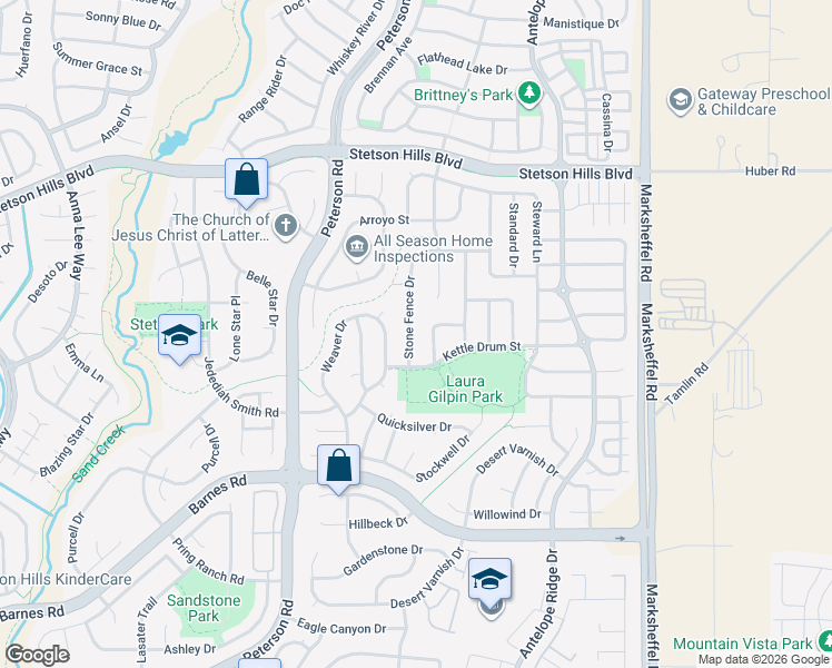 map of restaurants, bars, coffee shops, grocery stores, and more near 5065 Stone Fence Drive in Colorado Springs