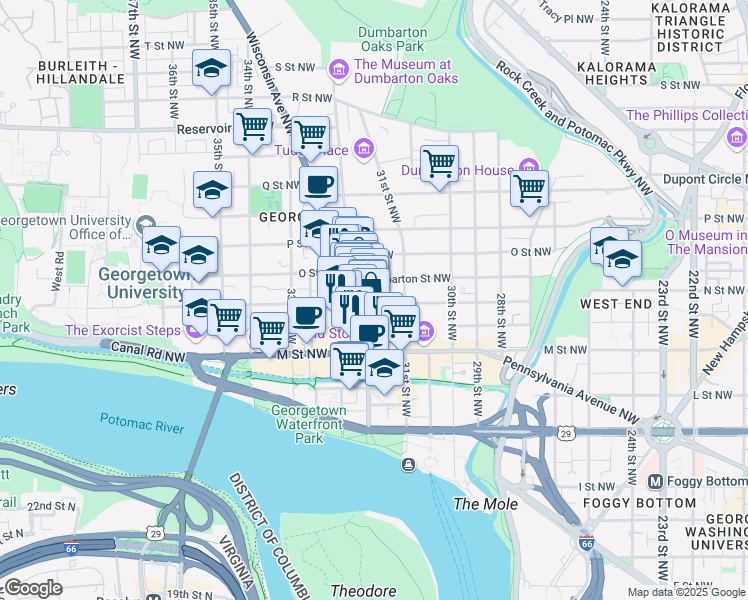 map of restaurants, bars, coffee shops, grocery stores, and more near 3137 N Street Northwest in Washington