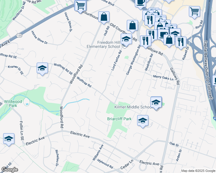map of restaurants, bars, coffee shops, grocery stores, and more near 2039 Lord Fairfax Road in Vienna