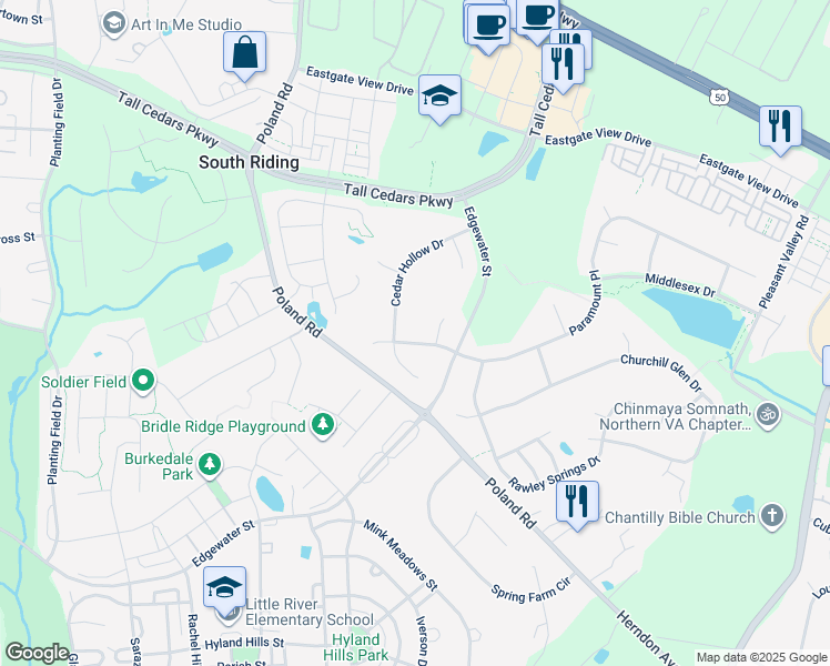 map of restaurants, bars, coffee shops, grocery stores, and more near 43704 Paramount Place in Chantilly