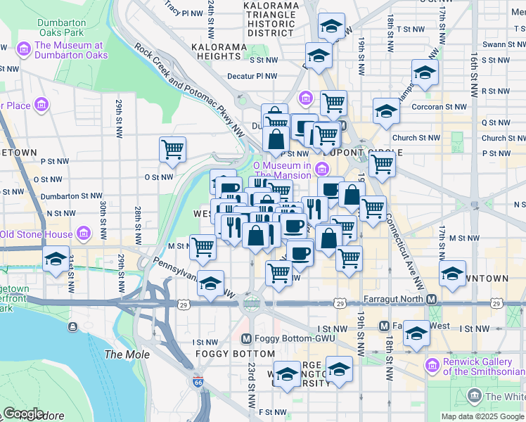 map of restaurants, bars, coffee shops, grocery stores, and more near 1250 22nd Street Northwest in Washington