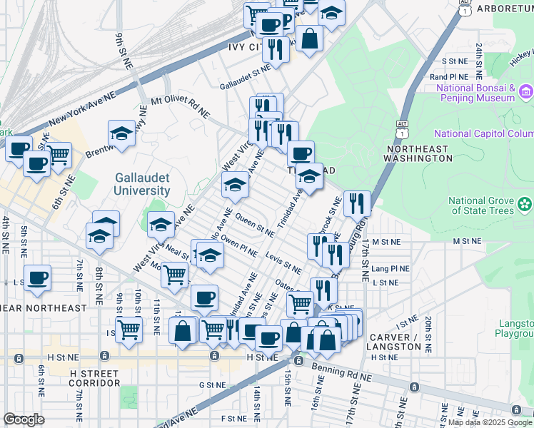 map of restaurants, bars, coffee shops, grocery stores, and more near 1258 Holbrook Terrace Northeast in Washington