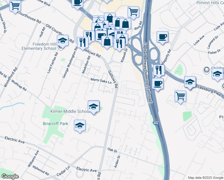 map of restaurants, bars, coffee shops, grocery stores, and more near 8012 Merry Oaks Court in Vienna
