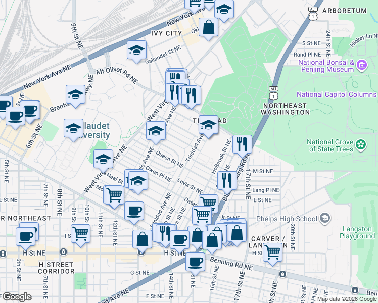 map of restaurants, bars, coffee shops, grocery stores, and more near 101 Independence Avenue Southeast in Washington