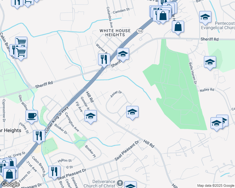 map of restaurants, bars, coffee shops, grocery stores, and more near 6807 Asset Drive in Prince George's County