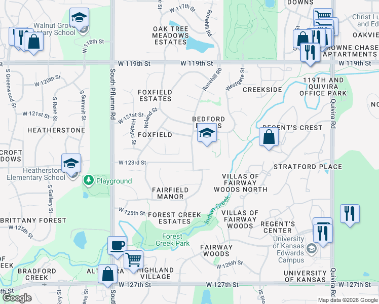 map of restaurants, bars, coffee shops, grocery stores, and more near 12220 Rosehill Road in Overland Park