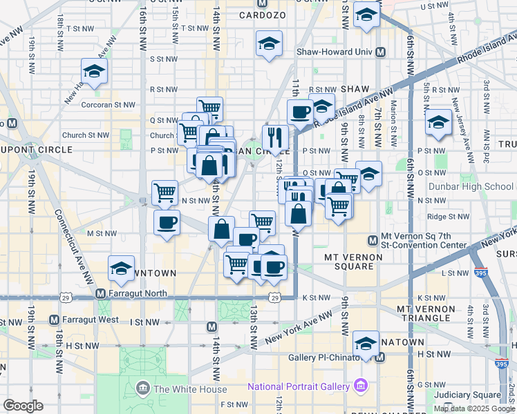 map of restaurants, bars, coffee shops, grocery stores, and more near 1245 13th Street Northwest in Washington