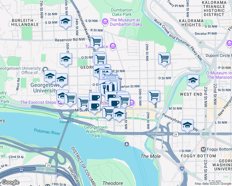 map of restaurants, bars, coffee shops, grocery stores, and more near 3137 N Street Northwest in Washington