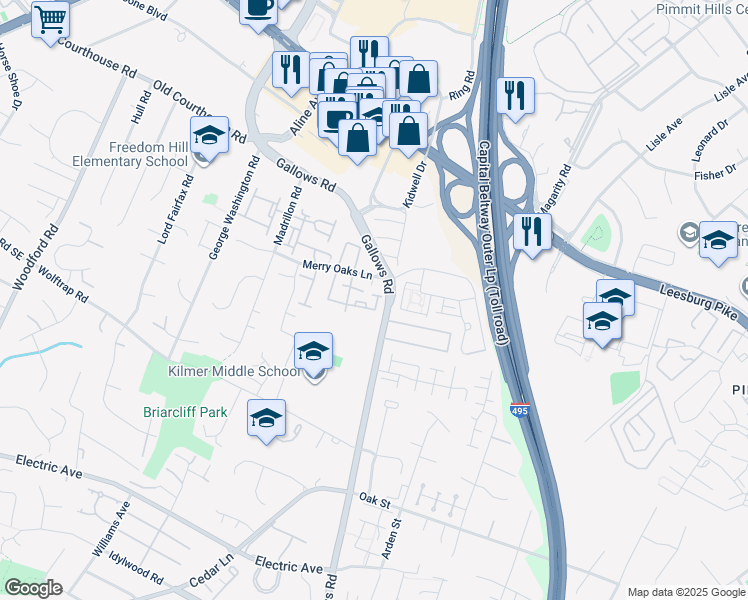 map of restaurants, bars, coffee shops, grocery stores, and more near 8012 Merry Oaks Court in Vienna