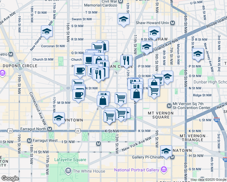 map of restaurants, bars, coffee shops, grocery stores, and more near 1300 N Street Northwest in Washington
