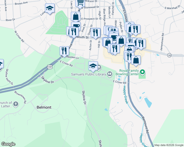 map of restaurants, bars, coffee shops, grocery stores, and more near East Criser Road in Front Royal