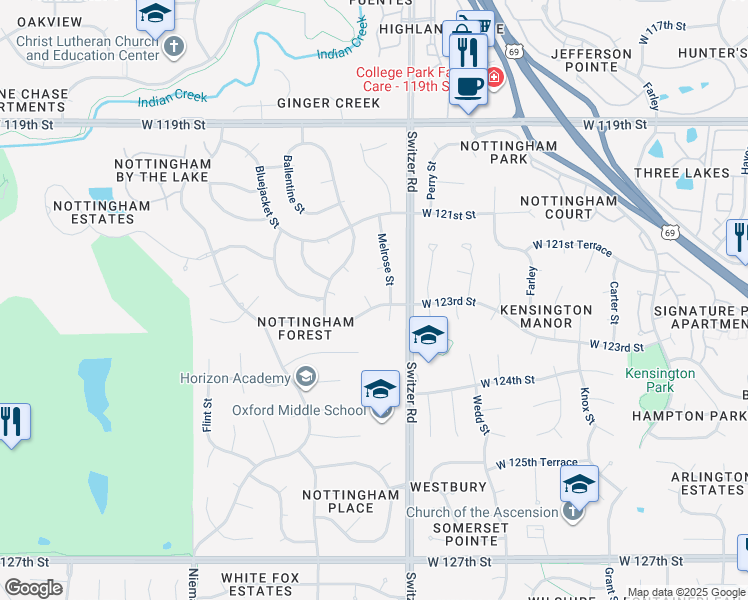 map of restaurants, bars, coffee shops, grocery stores, and more near 10508 West 123rd Street in Overland Park