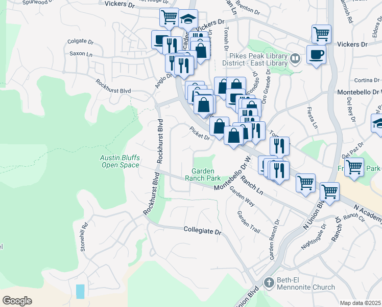 map of restaurants, bars, coffee shops, grocery stores, and more near 5190 Saddle Drive in Colorado Springs