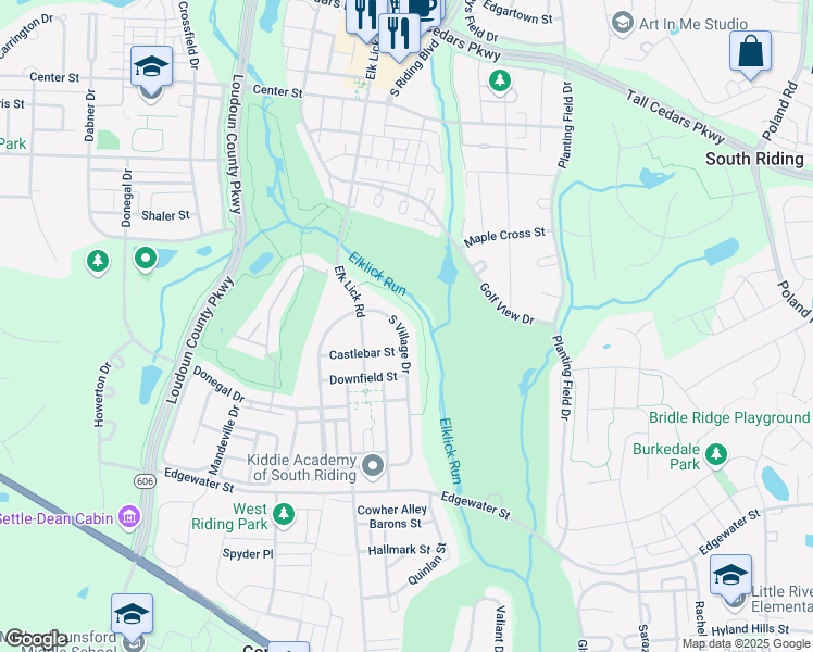 map of restaurants, bars, coffee shops, grocery stores, and more near 25698 South Village Drive in South Riding