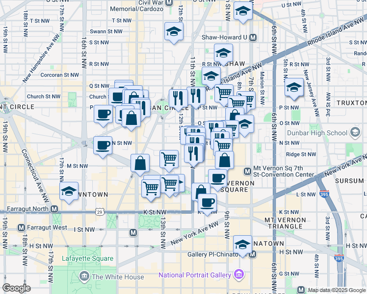map of restaurants, bars, coffee shops, grocery stores, and more near 1241 12th Street Northwest in Washington