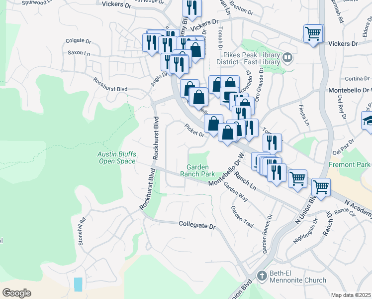 map of restaurants, bars, coffee shops, grocery stores, and more near 5190 Saddle Drive in Colorado Springs