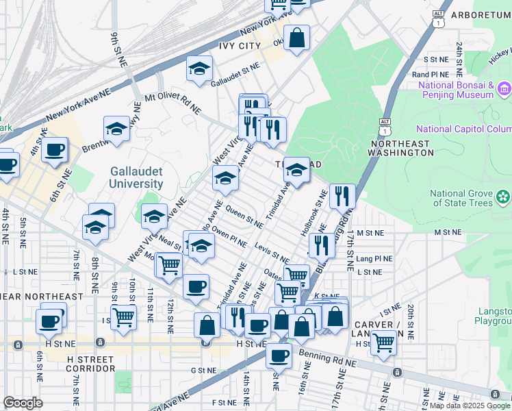 map of restaurants, bars, coffee shops, grocery stores, and more near 1258 Holbrook Terrace Northeast in Washington