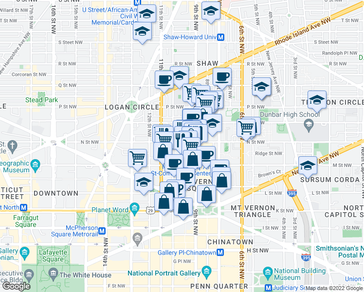 map of restaurants, bars, coffee shops, grocery stores, and more near 926 N Street Northwest in Washington