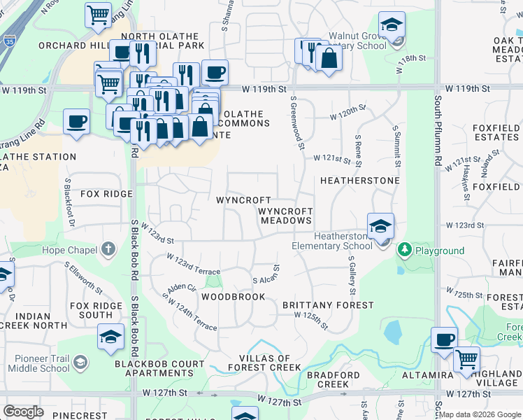 map of restaurants, bars, coffee shops, grocery stores, and more near 12225 South Albervan Street in Olathe