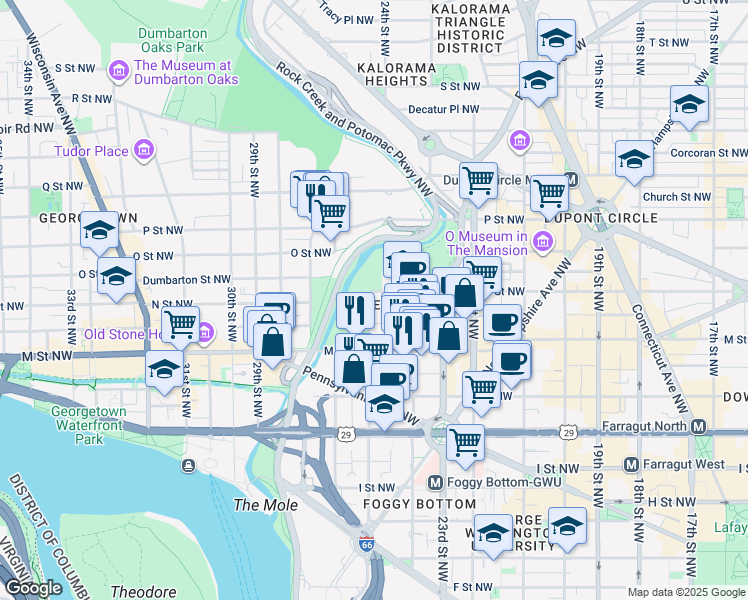 map of restaurants, bars, coffee shops, grocery stores, and more near 1275 25th Street Northwest in Washington