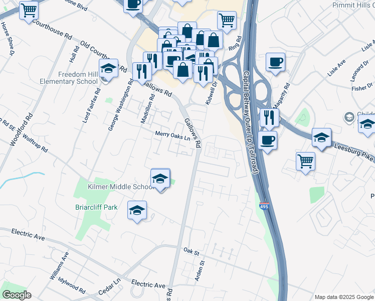 map of restaurants, bars, coffee shops, grocery stores, and more near 8036 Merry Oaks Court in Vienna