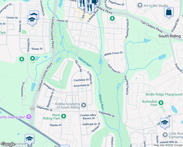 map of restaurants, bars, coffee shops, grocery stores, and more near 25698 South Village Drive in South Riding