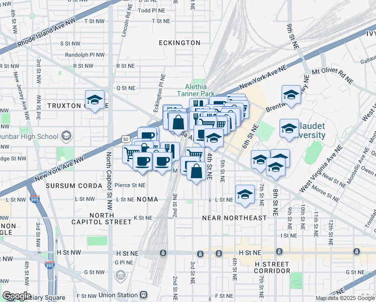 map of restaurants, bars, coffee shops, grocery stores, and more near 1240 3rd Street Northeast in Washington