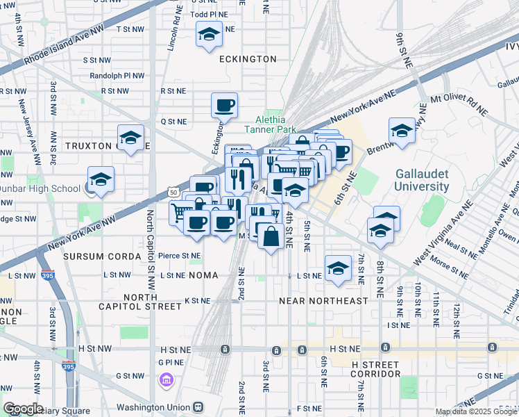 map of restaurants, bars, coffee shops, grocery stores, and more near 1240 3rd Street Northeast in Washington