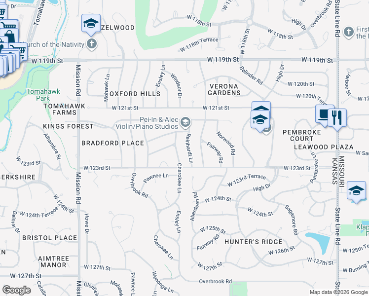 map of restaurants, bars, coffee shops, grocery stores, and more near 12212 Reinhardt Lane in Leawood