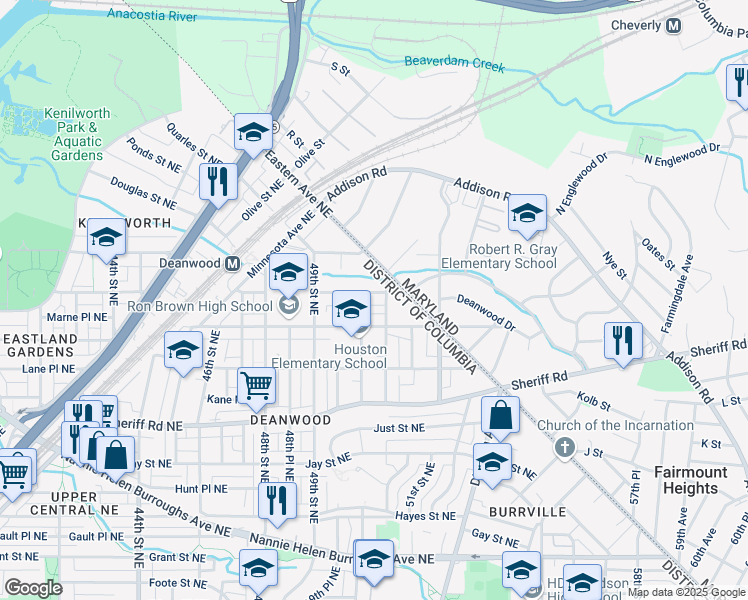map of restaurants, bars, coffee shops, grocery stores, and more near 5011 Nash Street Northeast in Washington