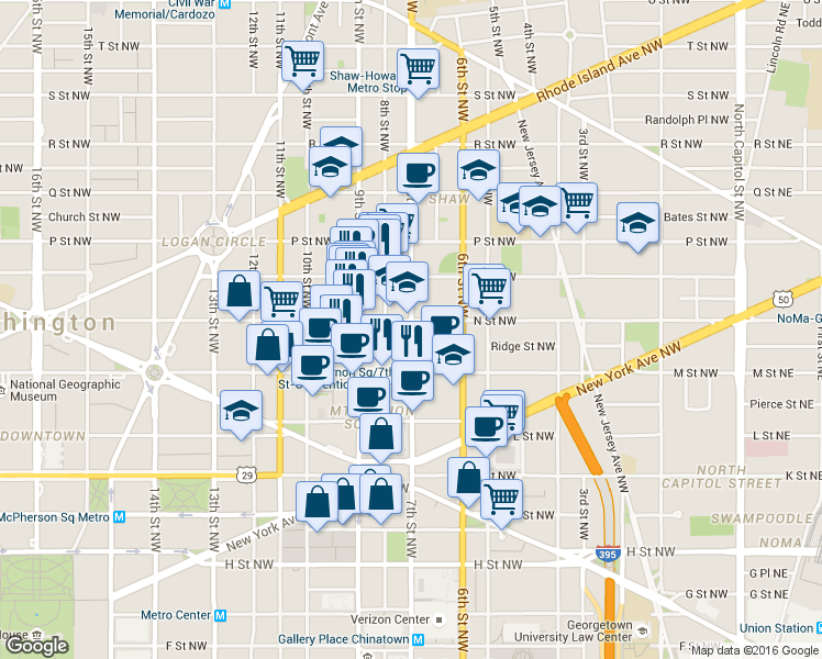 map of restaurants, bars, coffee shops, grocery stores, and more near 7th Street Northwest in Washington