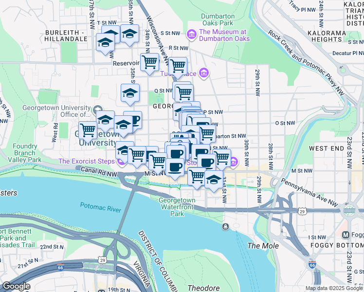 map of restaurants, bars, coffee shops, grocery stores, and more near 3241 N Street Northwest in Washington