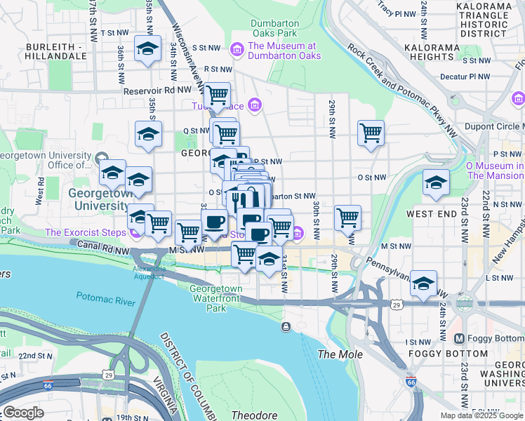 map of restaurants, bars, coffee shops, grocery stores, and more near 3133 N Street Northwest in Washington