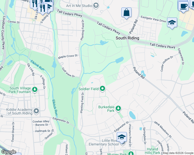 map of restaurants, bars, coffee shops, grocery stores, and more near 25708 Hopefield Place in South Riding
