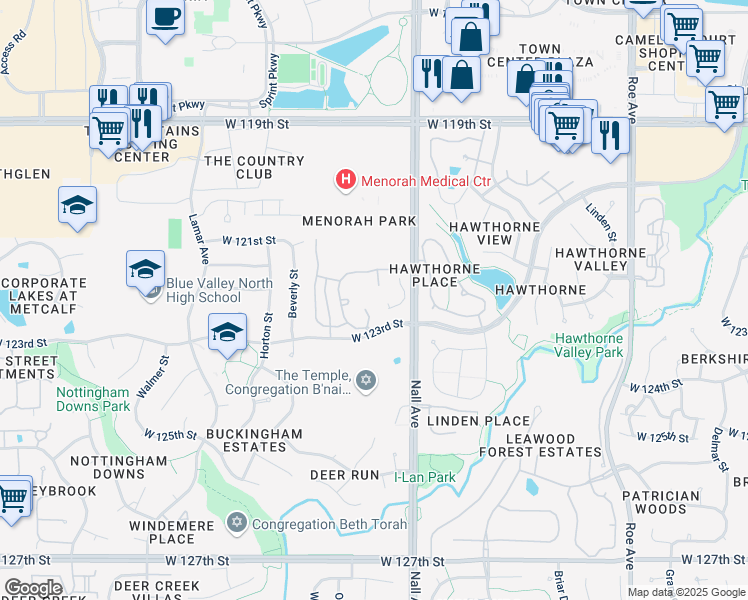map of restaurants, bars, coffee shops, grocery stores, and more near 5500 West 123rd Street in Leawood