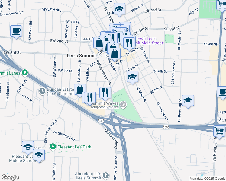 map of restaurants, bars, coffee shops, grocery stores, and more near 10 Southwest 6th Street in Lee's Summit