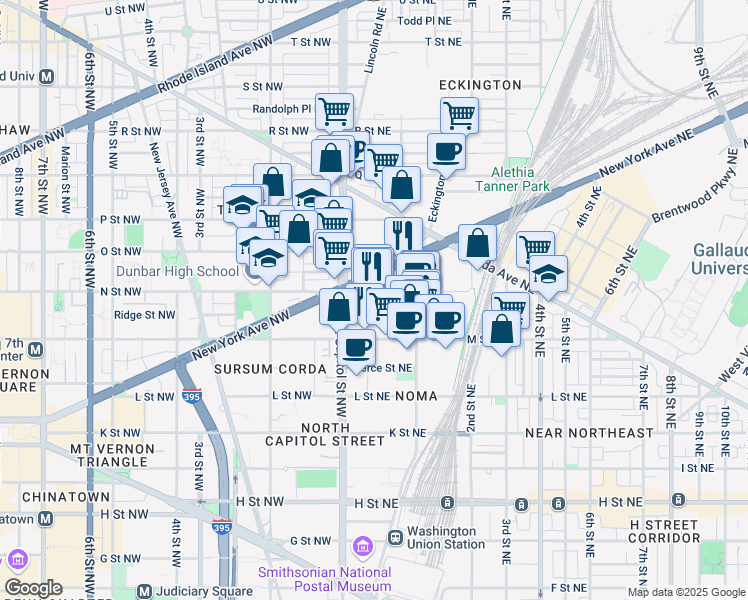 map of restaurants, bars, coffee shops, grocery stores, and more near 35 N Street Northeast in Washington