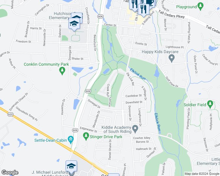 map of restaurants, bars, coffee shops, grocery stores, and more near 25632 Creek Run Terrace in Chantilly