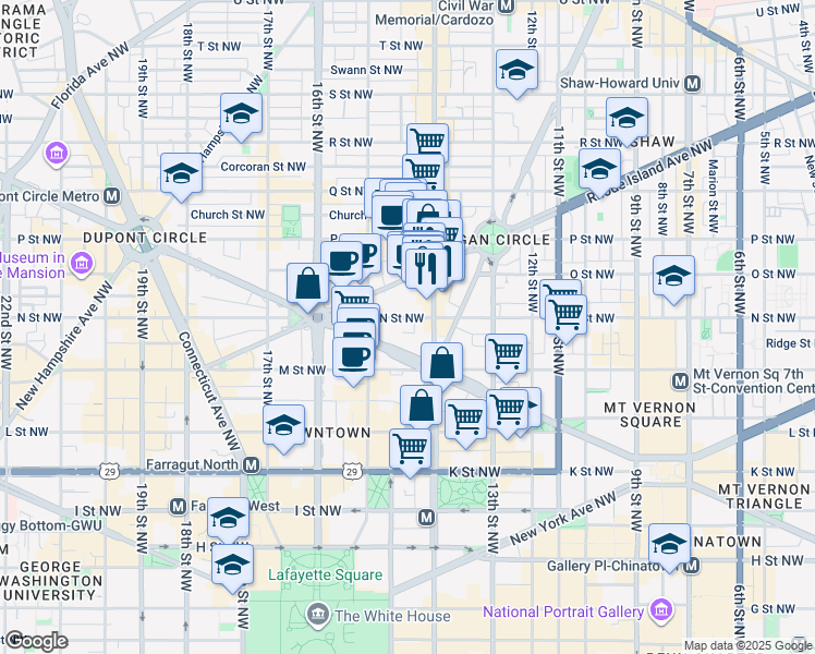 map of restaurants, bars, coffee shops, grocery stores, and more near 1420 N Street Northwest in Washington