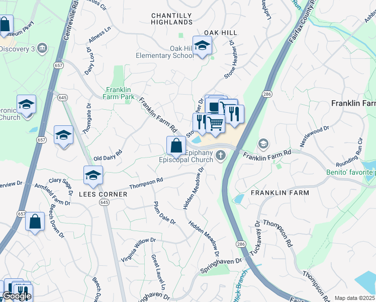 map of restaurants, bars, coffee shops, grocery stores, and more near 13430 Hidden Meadow Court in Herndon