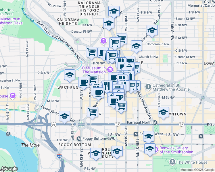 map of restaurants, bars, coffee shops, grocery stores, and more near 1270 New Hampshire Avenue Northwest in Washington
