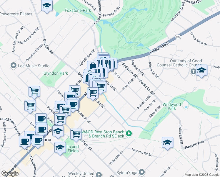map of restaurants, bars, coffee shops, grocery stores, and more near 201 Berry Street Southeast in Vienna