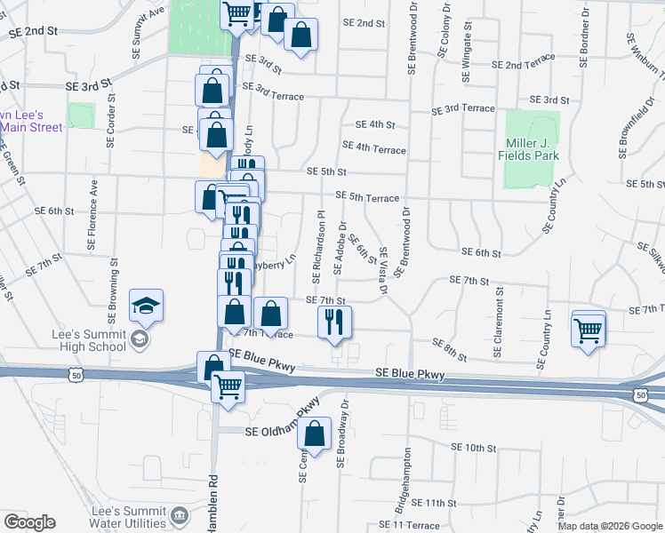 map of restaurants, bars, coffee shops, grocery stores, and more near 612 Southeast Adobe Drive in Lee's Summit